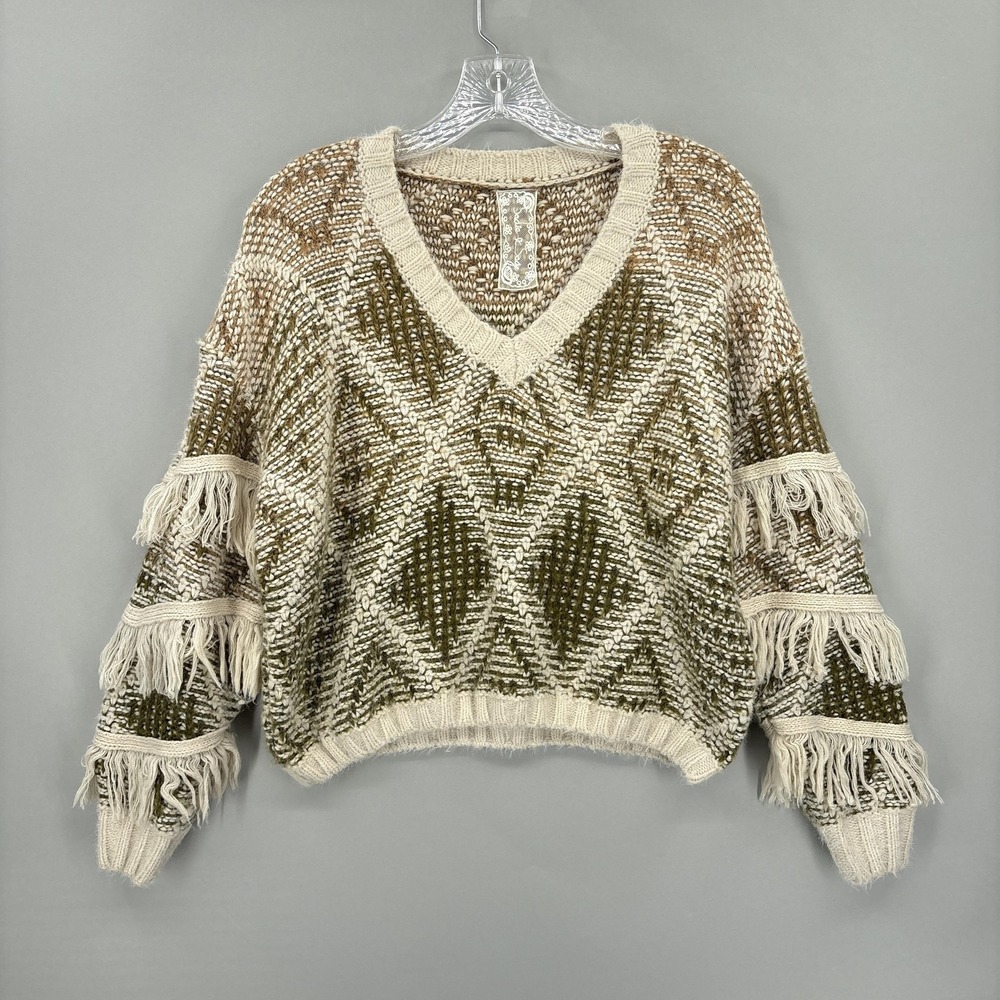 Sadie & Sage Sweater Womens XS Beige Acrylic V Neck Fringe Geometric Pullover